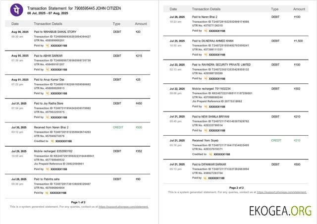 Modèle Word et PDF de relevé de transaction India PhonePe, 2 pages